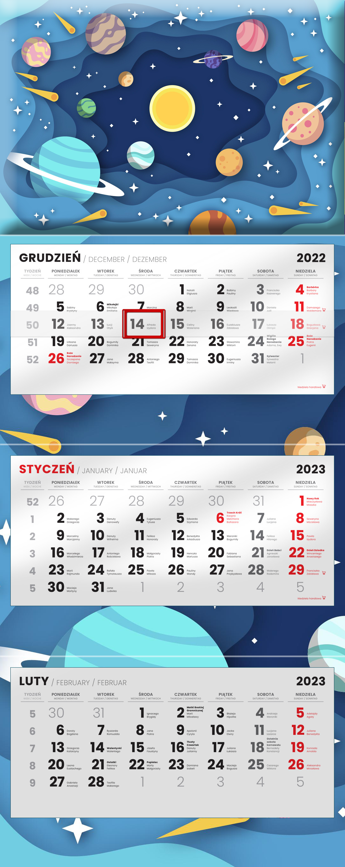 Kalendarz trójdzielny z wypukłą główką 2023