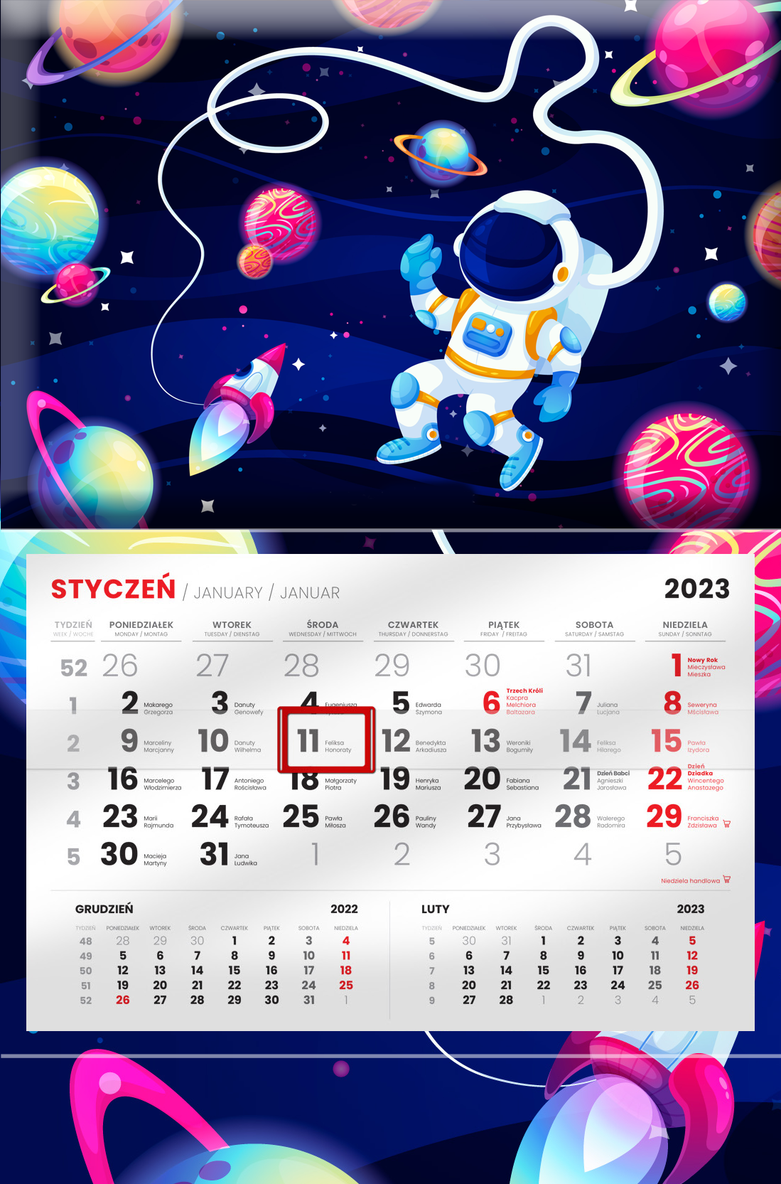 kalendarz trójdzielny z płaską główką 2021