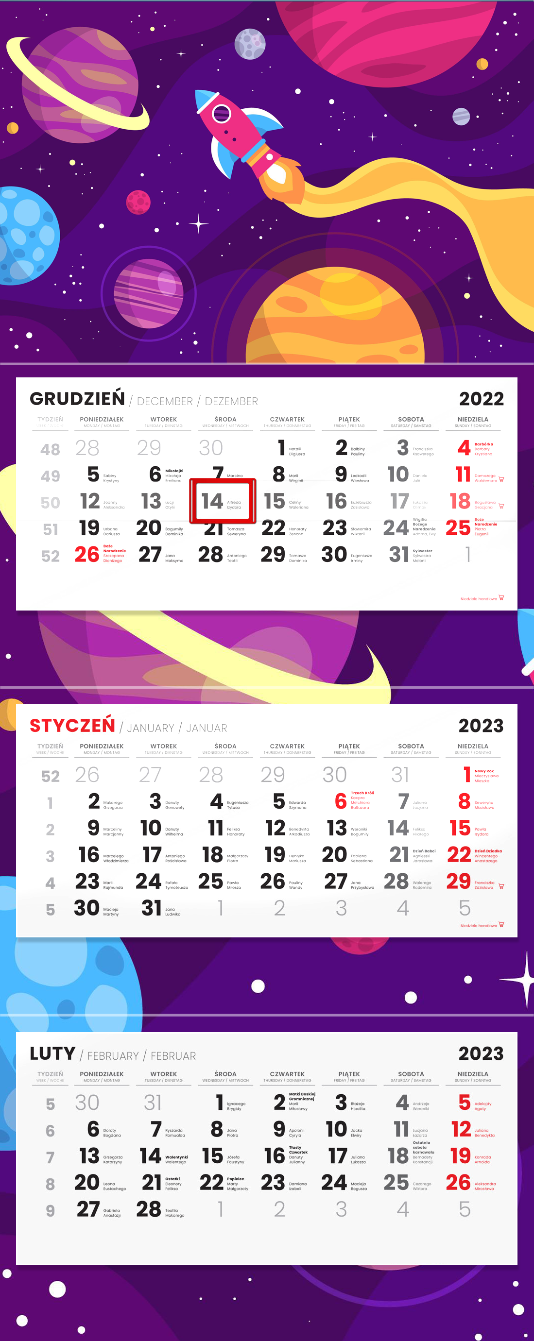 Kalendarz trójdzielny z płaską główką 2023